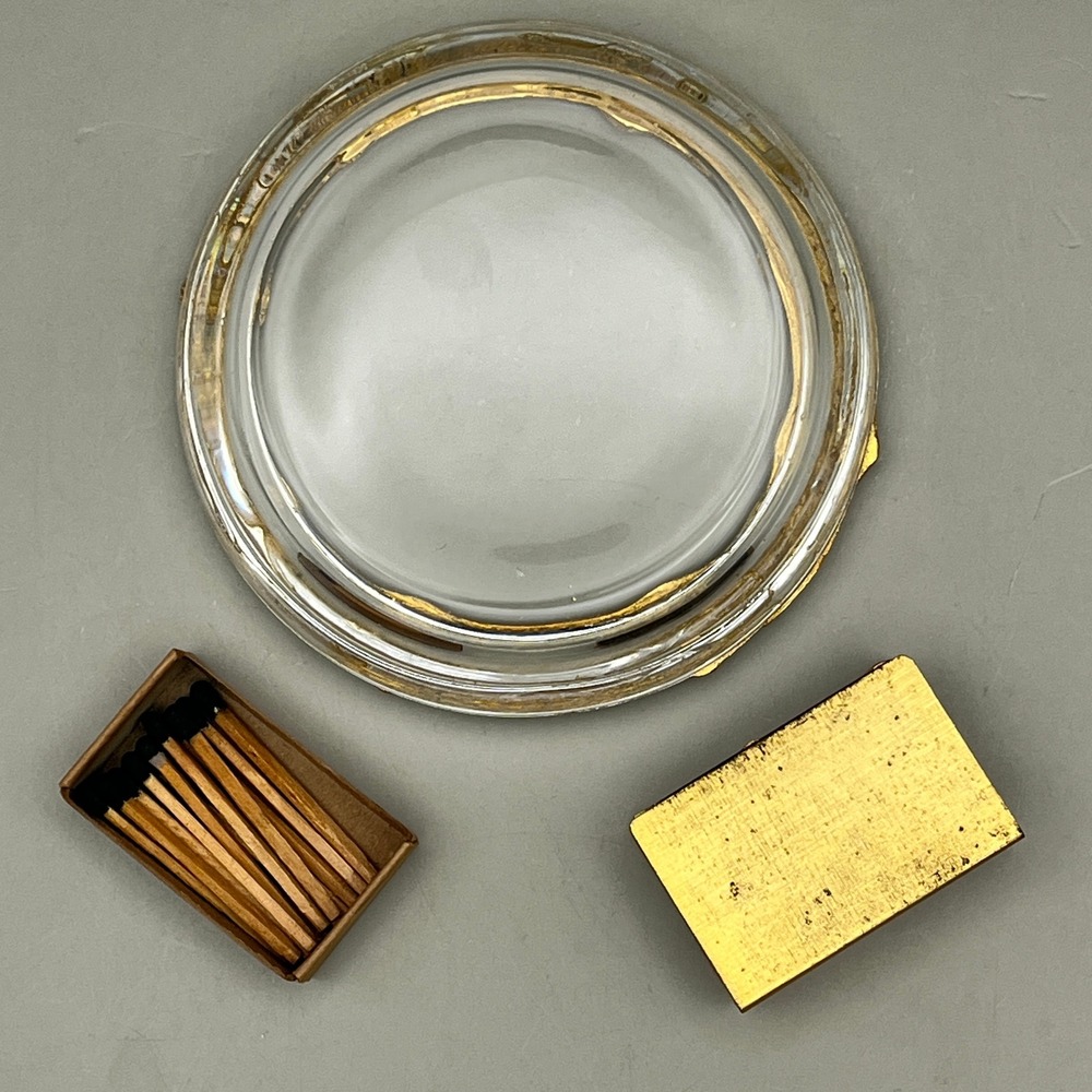 Vtg 1950s Gold Faux Bamboo Glass Ashtray Matchbox Set Hollywood Regency Matches - Picture 4 of 4